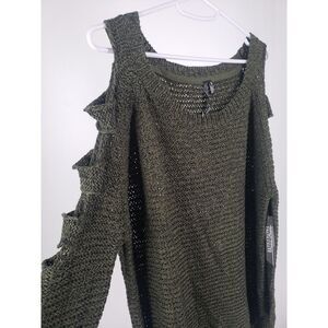 NEW Razzle Dazzle Cold Shoulder Forest Green‎ Half Sleeve Open Knit Sweater Sz M